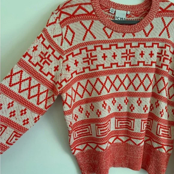 Ichi Cotton Blend Orange and White Patterned Sweater - Picture 2 of 6
